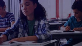 Classmates writing notebooks while AR charts, code overlaying learning, student tapping smartphone. Education, technology, innovation, e-learning, classroom, digital, youth - Powered by Shutterstock - Get 15% off with code: PIKWIZARD15