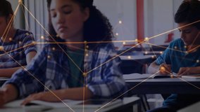 Camera zooming right, focusing student writing classroom exam answers as animated nodes pulsing. Technology, education, learning, data visualization, innovation, digital, academic - Powered by Shutterstock - Get 15% off with code: PIKWIZARD15