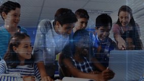 Students gathering around laptop, raising smartphone and typing as educational overlay appearing. Collaboration, education, teamwork, youth, digital, learning, innovation - Powered by Shutterstock - Get 15% off with code: PIKWIZARD15