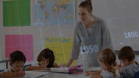 Children starting sketching causing line graph overlaying classroom, teacher guiding learning. Education, classroom, learning, mentorship, creativity, development, youth - Powered by Shutterstock - Get 15% off with code: PIKWIZARD15