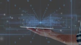 Right hand holding tablet finger tapping node starting 3D network expanding settling for data demo. Technology, innovation, futuristic, digital, interface, abstraction, analytics - Powered by Shutterstock - Get 15% off with code: PIKWIZARD15