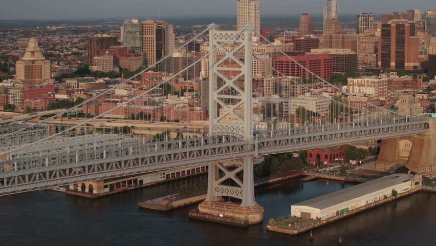 Aerial view of Philadelphia and the Ben Franklin Bridge. Shot at sunrise on a summer morning.