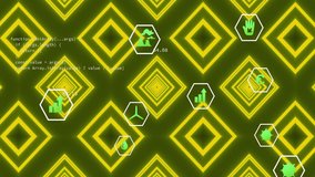 Opening rotating diamond grid while icons drifting and code scrolling simulating data updates. Sustainability, data visualization, digital interface, environmental awareness, technological innovation, - Powered by Shutterstock - Get 15% off with code: PIKWIZARD15