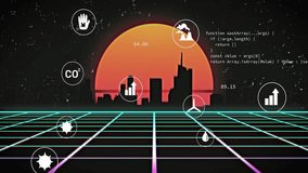 Upon code scrolling in, metric icons gliding across grid under skyline visualizing emissions trends. Futuristic, neon, sustainability, digital, climate, technology, eco-awareness - Powered by Shutterstock - Get 15% off with code: PIKWIZARD15