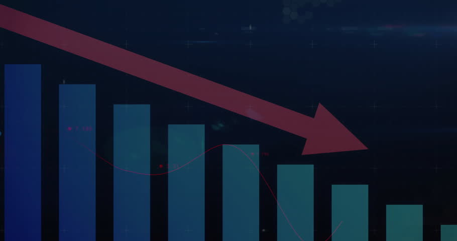 Red arrow appearing sliding across bar chart and duotone line graph oscillating highlighting drop. Data visualization, analytics, performance metrics, digital dashboard, trend analysis, financial