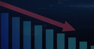 Red arrow appearing sliding across bar chart and duotone line graph oscillating highlighting drop. Data visualization, analytics, performance metrics, digital dashboard, trend analysis, financial - Powered by Shutterstock - Get 15% off with code: PIKWIZARD15