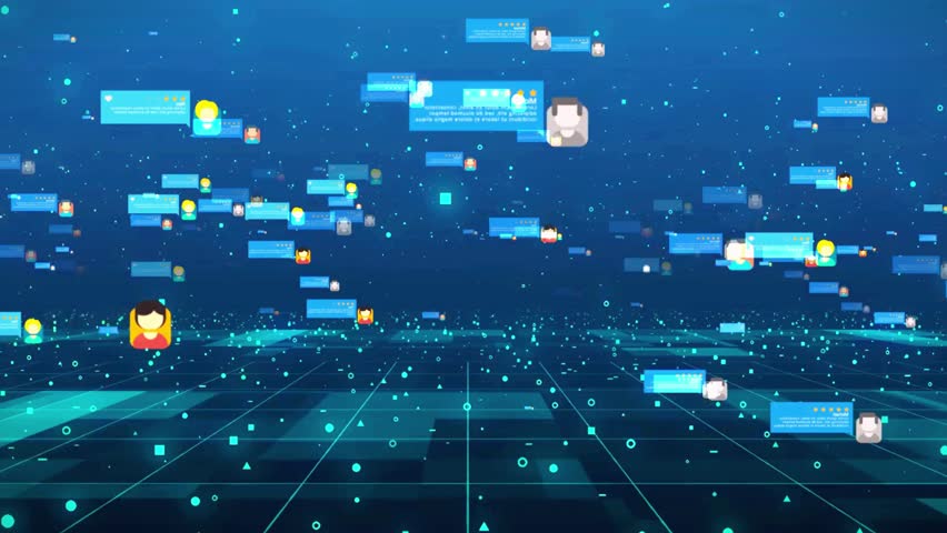 Abstract digital network with floating user profiles and feedback bubbles, representing online reviews, social media, and customer satisfaction in a futuristic blue grid. - Powered by Shutterstock - Get 15% off with code: PIKWIZARD15