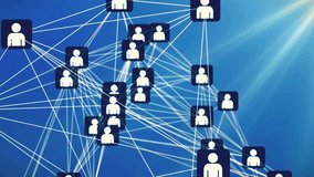 Abstract network of interconnected people icons on a blue background, symbolizing global connections, social networks, and digital communication. - Powered by Shutterstock - Get 15% off with code: PIKWIZARD15