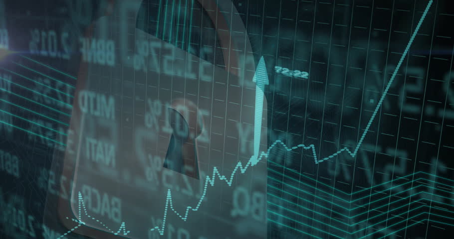 Grid lines sliding behind padlock starting chart drawing and arrows ascending for secure data surge. Security, finance, data, protection, technology, dashboard, analytics