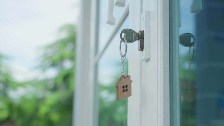 House shaped keychain and keys. Real estate, home, ownership, security, property, realty. house key for unlocking new house is plugged into door. house for sell concept. Rent buy residence. Moving