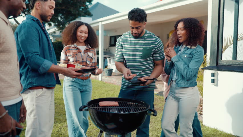 BBQ, friends and food in backyard for lunch, party and bonding for new years celebration. Grill, smile and people outdoor for reunion event, memory and vacation for barbecue or hangout together