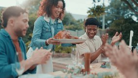 Friends, excited and laughing at lunch outdoor for funny conversation, bonding and social gathering. Thanksgiving celebration, people and happy with eating for holiday reunion and weekend break - Powered by Shutterstock - Get 15% off with code: PIKWIZARD15