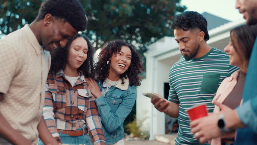 People, friends and laugh at barbecue, party and funny conversation for cooking, drinks and happy in garden. Men, women and group with smile for chat, BBQ or reunion at social gathering in summer
