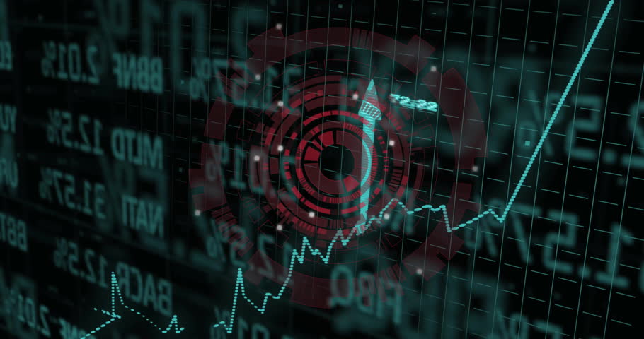 Pulsing red HUD starting teal line graph tracing uptrend with rising arrows visualizing market data. Finance, data, analytics, technology, dashboard, digital, investment