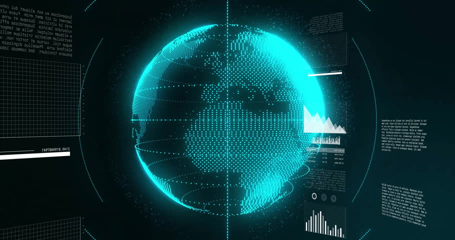 Opening on rotating globe fading cloud-laptop icon sliding charts building analytics interface. 3d globe, data visualization, infographic, technology, digital interface, analytics, information