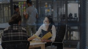 Team gathering in business office, woman taking folder reviewing docs and fueling sticky note ideas. Collaboration, brainstorming, teamwork, office, modern, organization, communication - Powered by Shutterstock - Get 15% off with code: PIKWIZARD15