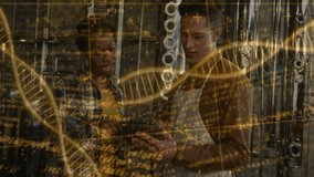 Research colleagues tapping tablet and analyzing rotating DNA helix overlay for biotech insights. Scientists, innovation, technology, molecular, precision, collaboration, futuristic - Powered by Shutterstock - Get 15% off with code: PIKWIZARD15