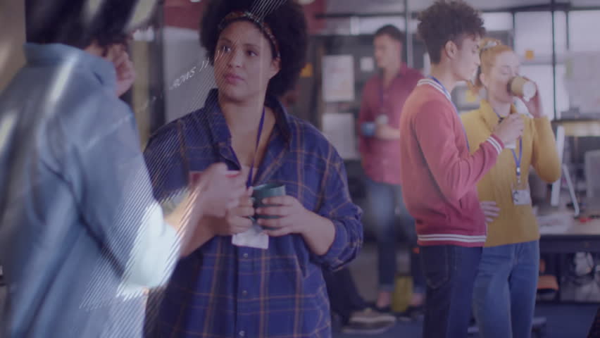 Coworkers discussing business data over coffee as floating graphs animating and code scrolling. Collaboration, communication, technology, business, analysis, teamwork, innovation - Powered by Shutterstock - Get 15% off with code: PIKWIZARD15