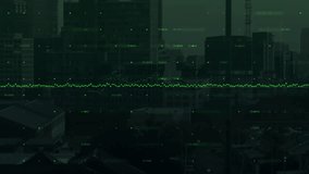Fade-in green waveform pulsing over skyline with gridlines and numbers visualizing audio peaks. Data visualization, digital art, metropolis, modern, abstract, technology, innovation - Powered by Shutterstock - Get 15% off with code: PIKWIZARD15