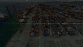 Waveform data line fading in and globe emerging over container terminal, showing live shipping flow. Industrial, logistics, technology, global, networking, analysis, infrastructure - Powered by Shutterstock - Get 15% off with code: PIKWIZARD15