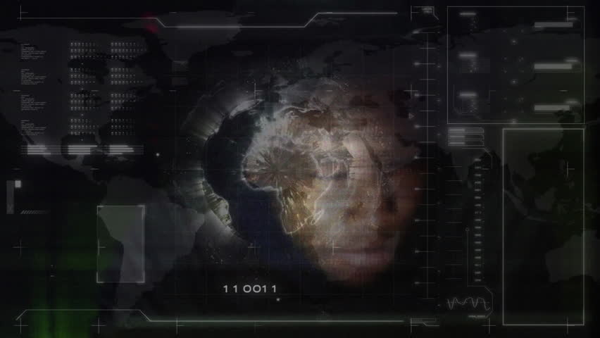 Opening interface starting globe rotation, streaming code, flickering panels, emerging face for ID. Futuristic, technology, visualization, biometric, analytics, cybernetic, digital - Powered by Shutterstock - Get 15% off with code: PIKWIZARD15