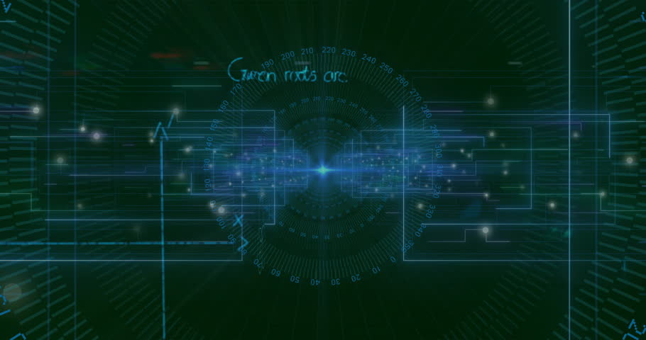 Grid circles appearing starting holographic math display animating elements visualizing concepts. Futuristic, digital, motion, analytical, scientific, conceptual, matrix