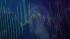 Fading globe rotating over bars and candlestick line scrolling across nodes showing market trends. Finance, technology, data visualization, digital, analytics, connectivity, global - Powered by Shutterstock - Get 15% off with code: PIKWIZARD15