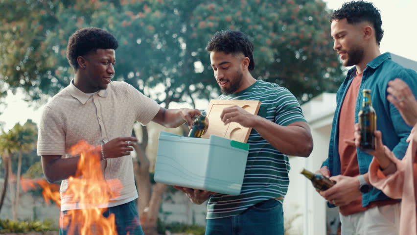 Barbecue, friends and ice box with drinks at party for celebration, reunion or new year. BBQ, alcohol and happy people with beer cooler for social gathering, event and talk together at home backyard