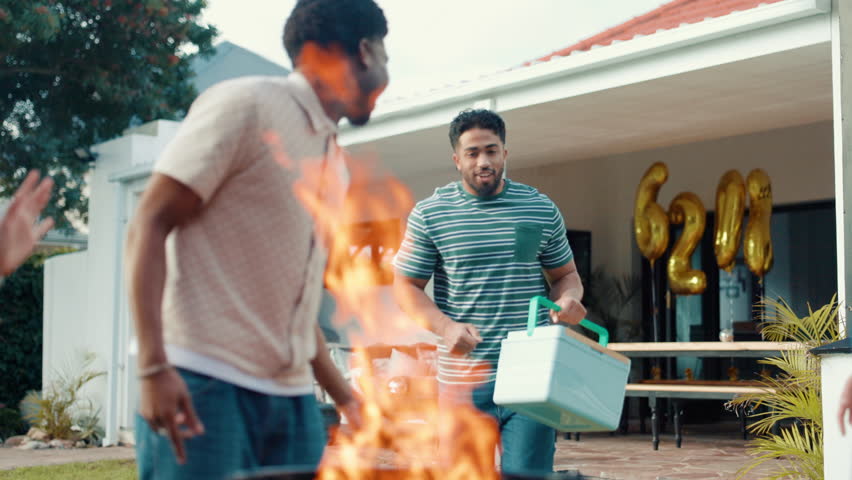 Barbecue, friends and cooler box with drinks at party for celebration, reunion or new year. BBQ, alcohol and excited people with beer for social gathering, clapping and laughing at home backyard