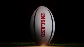 Boot entering frame kicking England rugby ball off screen on glitch grid illustrating kick. Sport, digital, technology, motion, action, simulation, futuristic - Powered by Shutterstock - Get 15% off with code: PIKWIZARD15