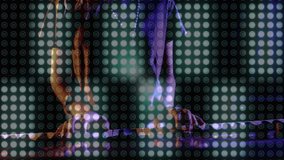 DJ woman pressing fader initiating LEDs pulsing for matching beat while adjusting headphones. Music, entertainment, nightlife, stage, nightclub, performance, technology - Powered by Shutterstock - Get 15% off with code: PIKWIZARD15