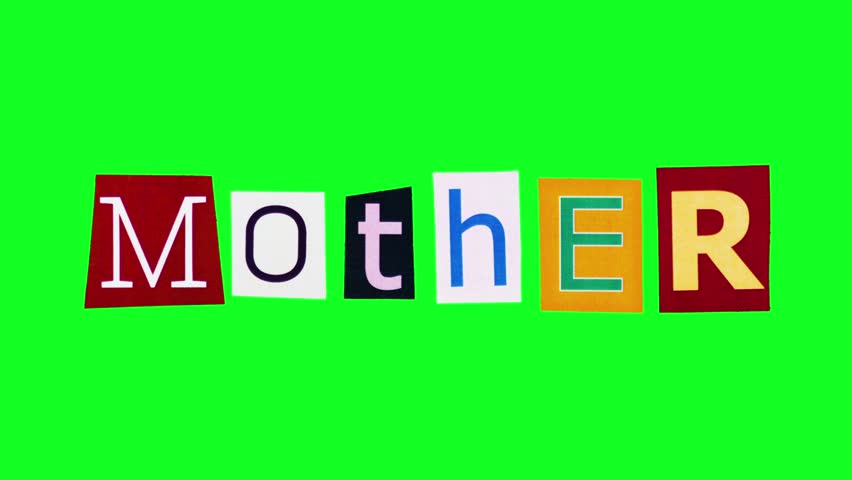 Mother - Animated word on a green screen background. Colorful moving letters forming a collage for easy chroma key removal. Perfect for family-themed projects, titles, and social media content.