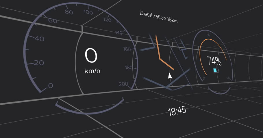 3D render HUD starting speed changing from 9 to 100 km or h then reversing for performance demo. Futuristic, innovation, technology, interface, dashboard, digital, dynamic
