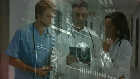Medical team reviewing digital globe and charts after tablet tap, junior doctor pointing hotspots. Healthcare, collaboration, technology, innovation, analytics, futuristic, professional - Powered by Shutterstock - Get 15% off with code: PIKWIZARD15