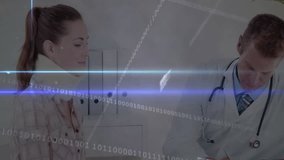 Doctor writing notes on clipboard and examining patient neck with holographic binary code fading. Healthcare, diagnostics, telemedicine, innovation, medical technology, clinical, consulting - Powered by Shutterstock - Get 15% off with code: PIKWIZARD15