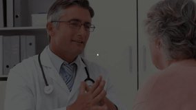 doctor explaining health data with node network spreading across frame while patient listening. Medical, professional, technology, analytical, connectivity, collaboration, digital - Powered by Shutterstock - Get 15% off with code: PIKWIZARD15