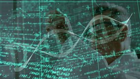 Senior scientist raising hand tapping DNA helix on glass panel studying nodes for genetic research. Innovation, biotechnology, digital, education, futuristic, research, analysis - Powered by Shutterstock - Get 15% off with code: PIKWIZARD15