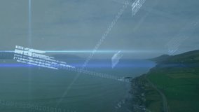 On opening shoreline, AR overlay emerging with binary code scrolling, grid lines, tickers updating. Futuristic, technology, ui, landscape, data visualization, digital, scenic - Powered by Shutterstock - Get 15% off with code: PIKWIZARD15