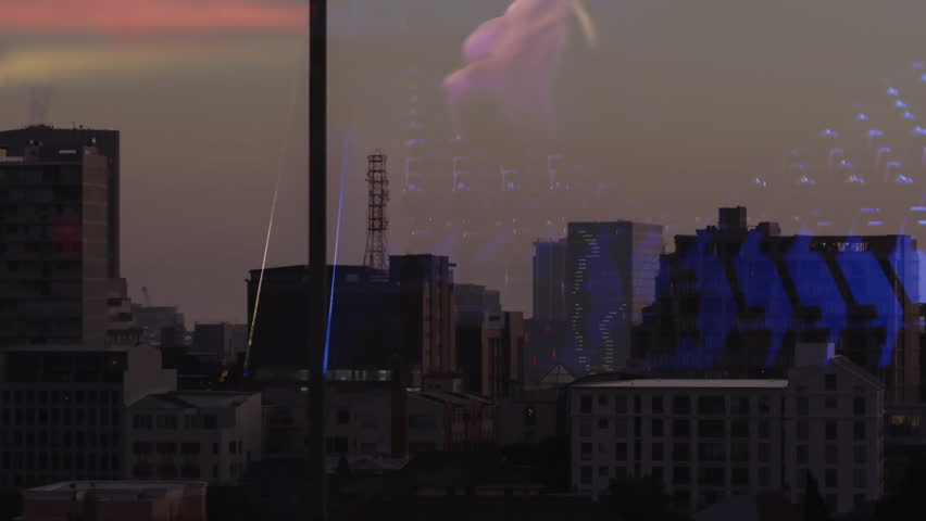 Bandmates performing over skyline with instruments appearing, tapping drums, singing, playing keys. Concert, nightlife, performance, upbeat, modern, harmony, creativity
