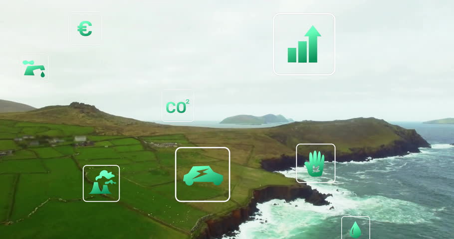 Animating aerial view with eco icons emerging floating crossing and settling over coastal cliffs. Sustainability, environmental, conservation, renewable, ecosystem, ecological, climate