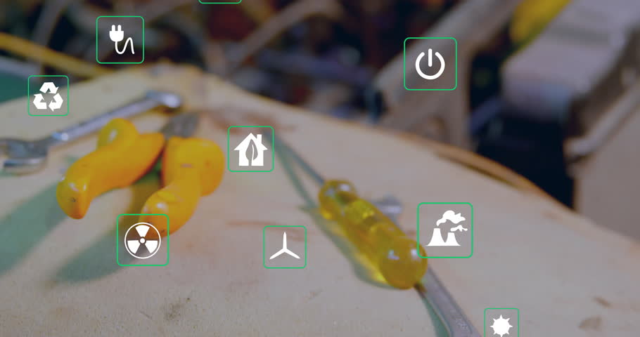 Gloved mechanic grabbing screwdriver testing valve springs in car repair while eco icons updating. Automotive, maintenance, sustainability, technology, environmental, engineering, industrial