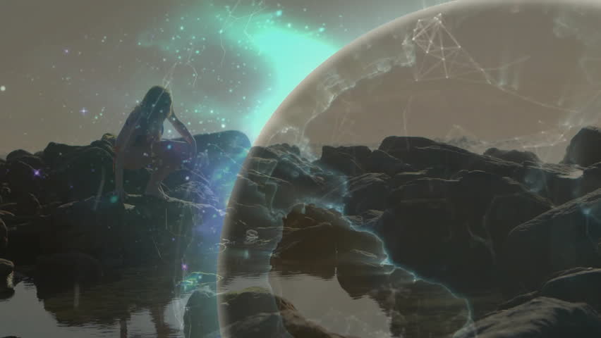 Woman standing on rocks after tech sphere pulses, stepping inside to activate rotating Earth map. Celestial, futuristic, contemplative, mystical, ambient, digital, innovation - Powered by Shutterstock - Get 15% off with code: PIKWIZARD15