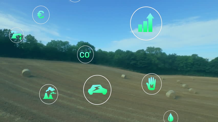 Camera panning over hay bale field, sustainability icons fading drifting rising showing metrics. Renewable, eco-friendly, digital, ecological, innovative, rural, environmental - Powered by Shutterstock - Get 15% off with code: PIKWIZARD15