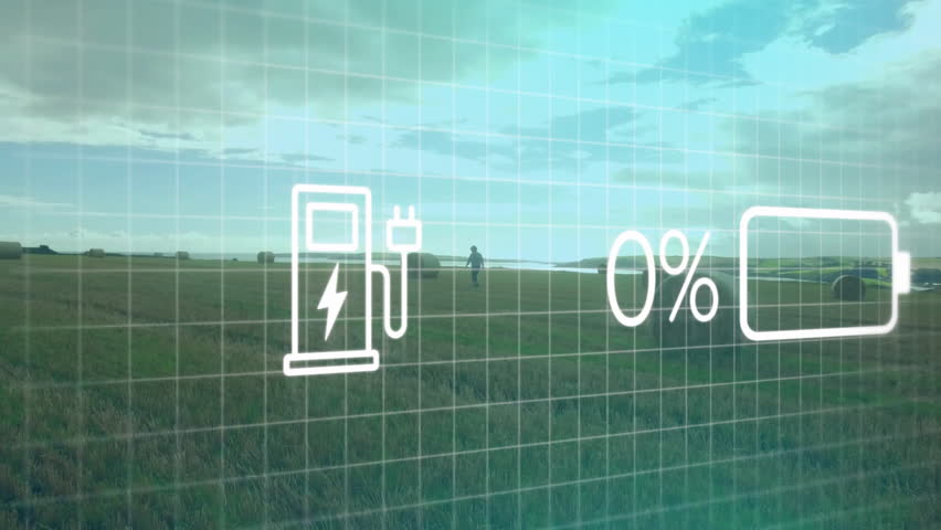Tech grid HUD initiating charging showing battery rising falling with man walking past hay bales. Futuristic, rural, eco-friendly, technology, sustainability, outdoor, minimalist