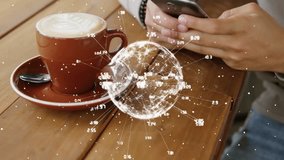 Man tapping smartphone screen and rotating data globe AR overlay above latte cup for tech insights. Technology, data visualization, augmented reality, coffee shop, innovation, modern, connectivity - Powered by Shutterstock - Get 15% off with code: PIKWIZARD15