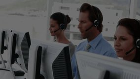 Call center agents speaking while bar graph sliding and line chart showing business analytics. Collaboration, modernoffice, digitalanalytics, businessmetrics, teamwork, technology, corporate - Powered by Shutterstock - Get 15% off with code: PIKWIZARD15