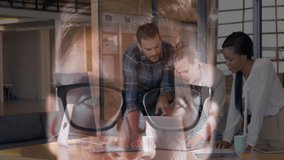 Tech team meeting around laptop typing command revealing translucent code overlay fixing data error. Collaboration, teamwork, programming, digital, innovation, modern, office - Powered by Shutterstock - Get 15% off with code: PIKWIZARD15