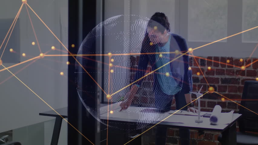 Office professional entering and smoothing blueprints as holographic graph displaying design data. Innovation, architecture, technology, design, collaboration, futuristic, workspace - Powered by Shutterstock - Get 15% off with code: PIKWIZARD15