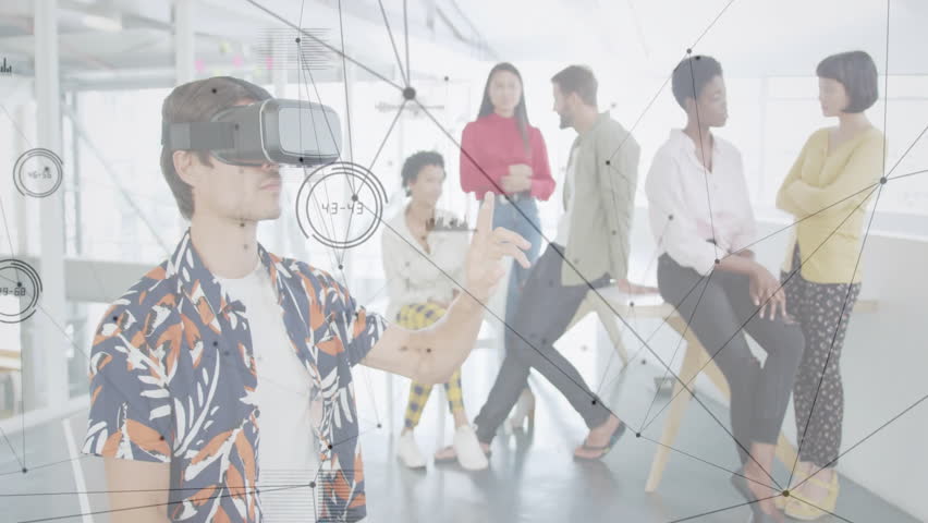 Engineer putting on VR headset and expanding network nodes with bar charts for tech team demo. Technology, innovation, collaboration, futuristic, data visualization, augmented reality, teamwork - Powered by Shutterstock - Get 15% off with code: PIKWIZARD15