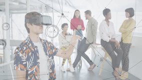 Engineer putting on VR headset and expanding network nodes with bar charts for tech team demo. Technology, innovation, collaboration, futuristic, data visualization, augmented reality, teamwork - Powered by Shutterstock - Get 15% off with code: PIKWIZARD15